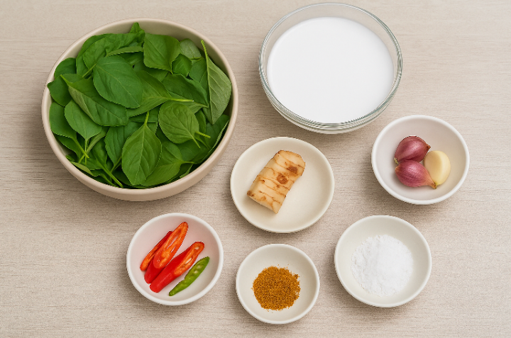 Bahan bahan membuat resep sayur bobor bayam yang menyehatkan.