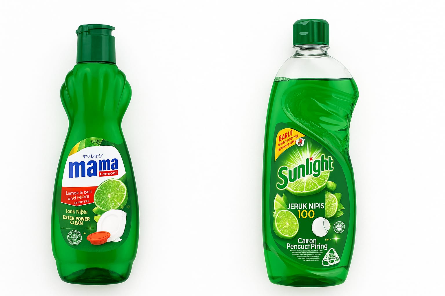 Dua sabun cuci piring merek mama lemon dan sunlight.
