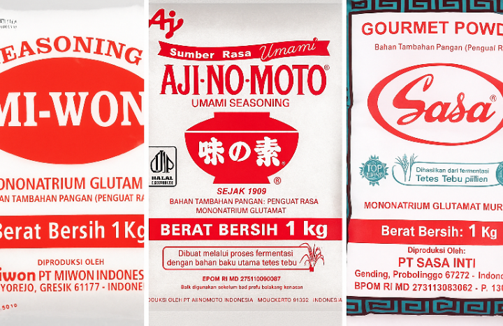 Tiga penyedap rasa MSG murni merek miwon, ajinomoto, dan sasa.