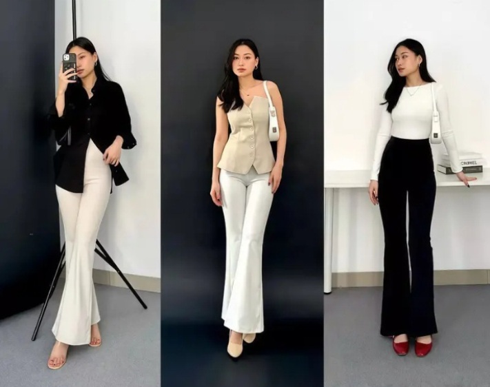 Ilustrasi outfit perempuan tinggi semampai dengan flare pants.
