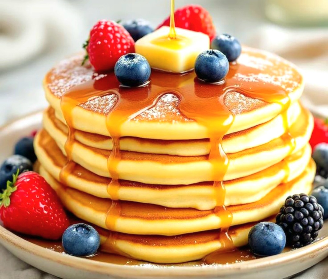 Pancake teflon empuk dan golden brown, topping madu dan buah segar, cocok untuk sarapan sehat tanpa oven!