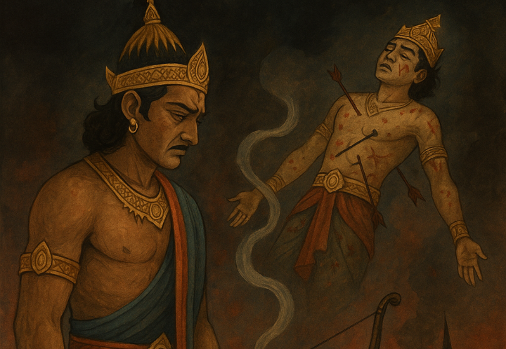 Ilustrasi wayang Arjuna dan anaknya yang bernama Abimanyu.