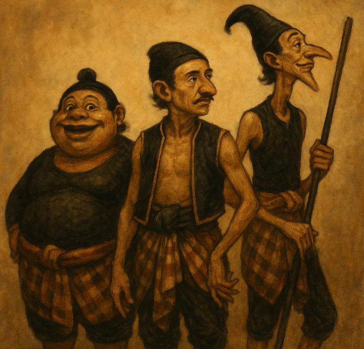 Tiga tokoh punakawan Bagong, Gareng, dan Petruk.