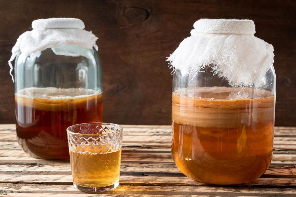 Ilustrasi teh kombucha yang segar.
