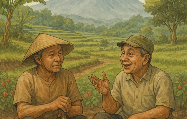 Sakat dan Sarban saat ngobrol di sawah. Sebuah momen dalam cerpen yang terilhami kisah nyata.