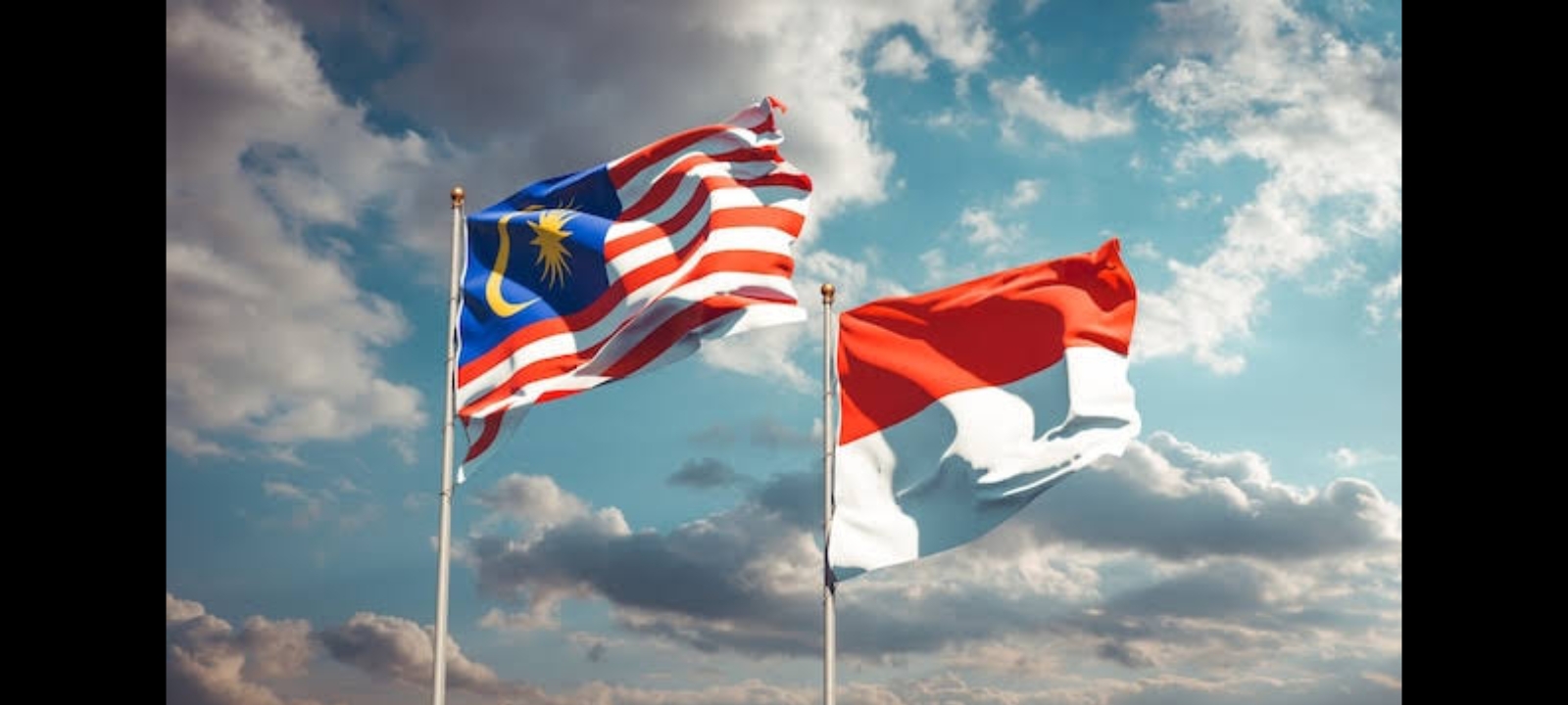 Ilustrasi bendera Indonesia dan Malaysia berkibar.