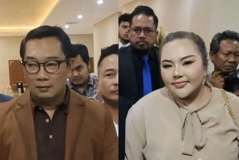 Mantan Gubernur Jawa Barat Ridwan Kamil (kiri) dan Lisa Mariana (kanan) berjalan keluar dari Gedung Bareskrim Polri, Jakarta Selatan, Kamis 7 Agustus 2025 lalu.