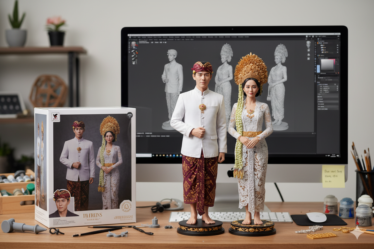Ilustrasi miniatur pasangan menggunakan pakaian adat