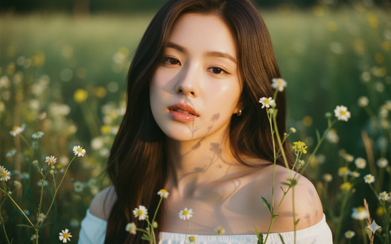 Potret AI cinematic dreamy floral dengan golden hour.