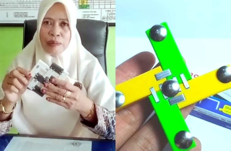 Seorang guru memberikan penjelasan bahaya bermain gasing terbuat dari penghapus.