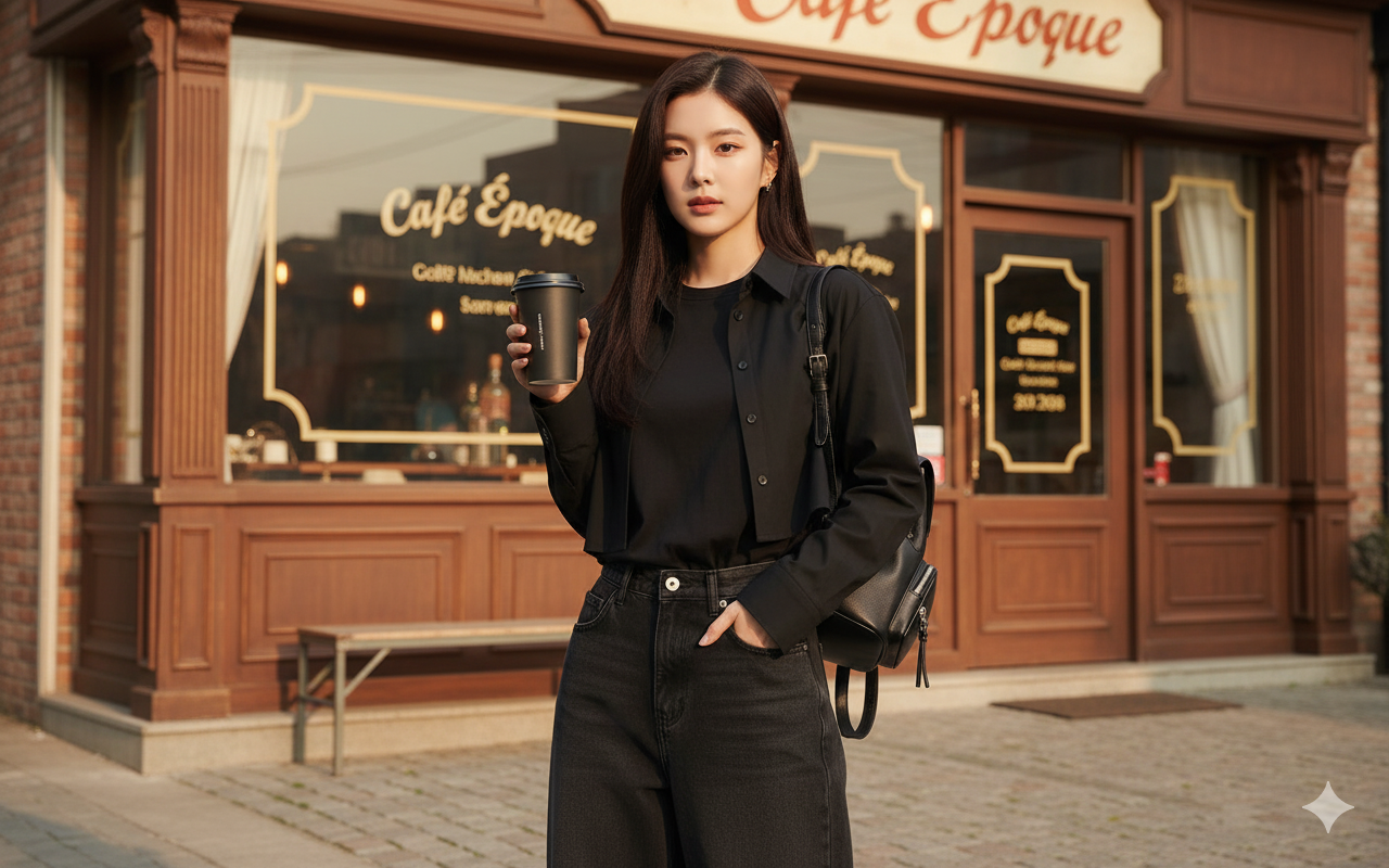 Potret edgy di depan kafe jadul dengan outfit serba hitam