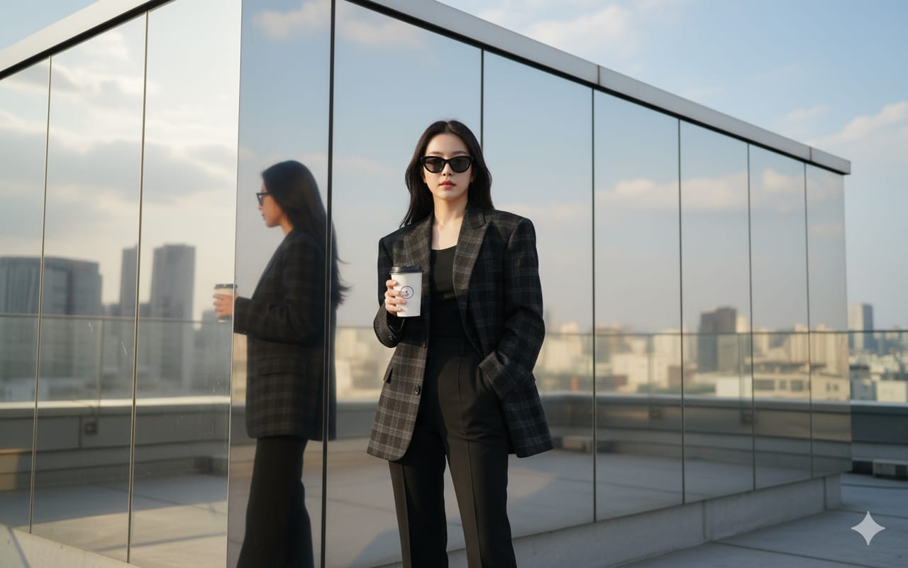 Potret Gaya Elegan Serba Hitam di Gedung Modern