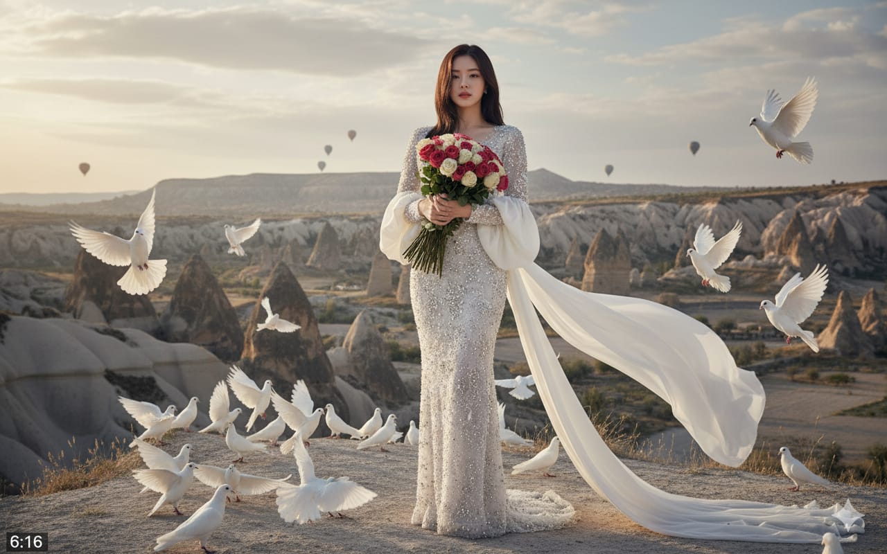Foto gaun putih dramatis di Cappadocia
