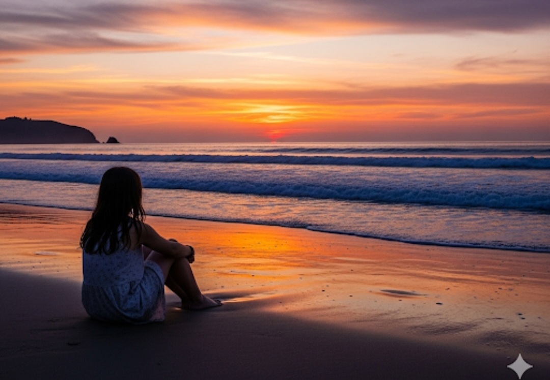 Contoh prompt Gemini AI untuk bikin foto pantai saat senja yang dramatis, estetik, dan tampak nyata.