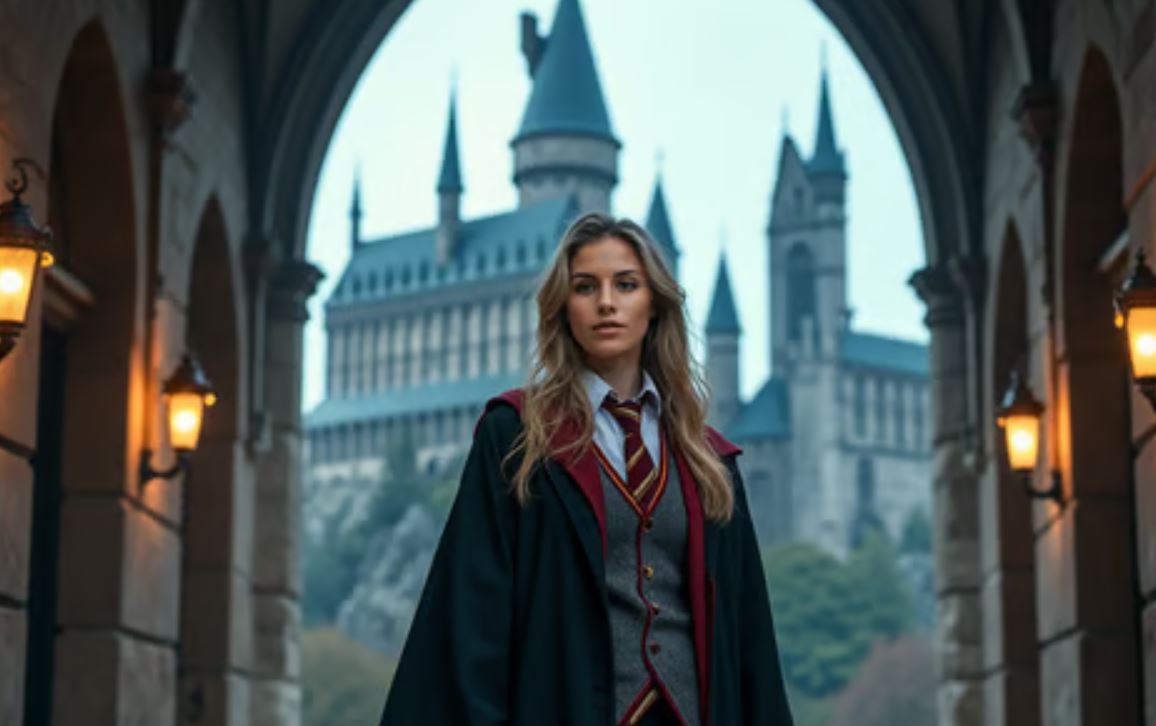 Hasil edit foto AI bergaya karakter dari film Harry Potter di Hogwarts.