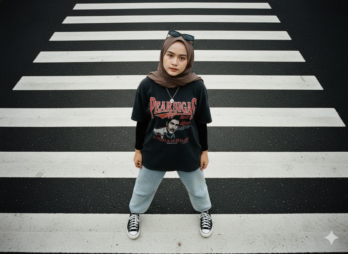 Ilustrasi Hasil Foto Gaya Zebra Cross dengan Gemini AI hanya dengan prompt khusus.