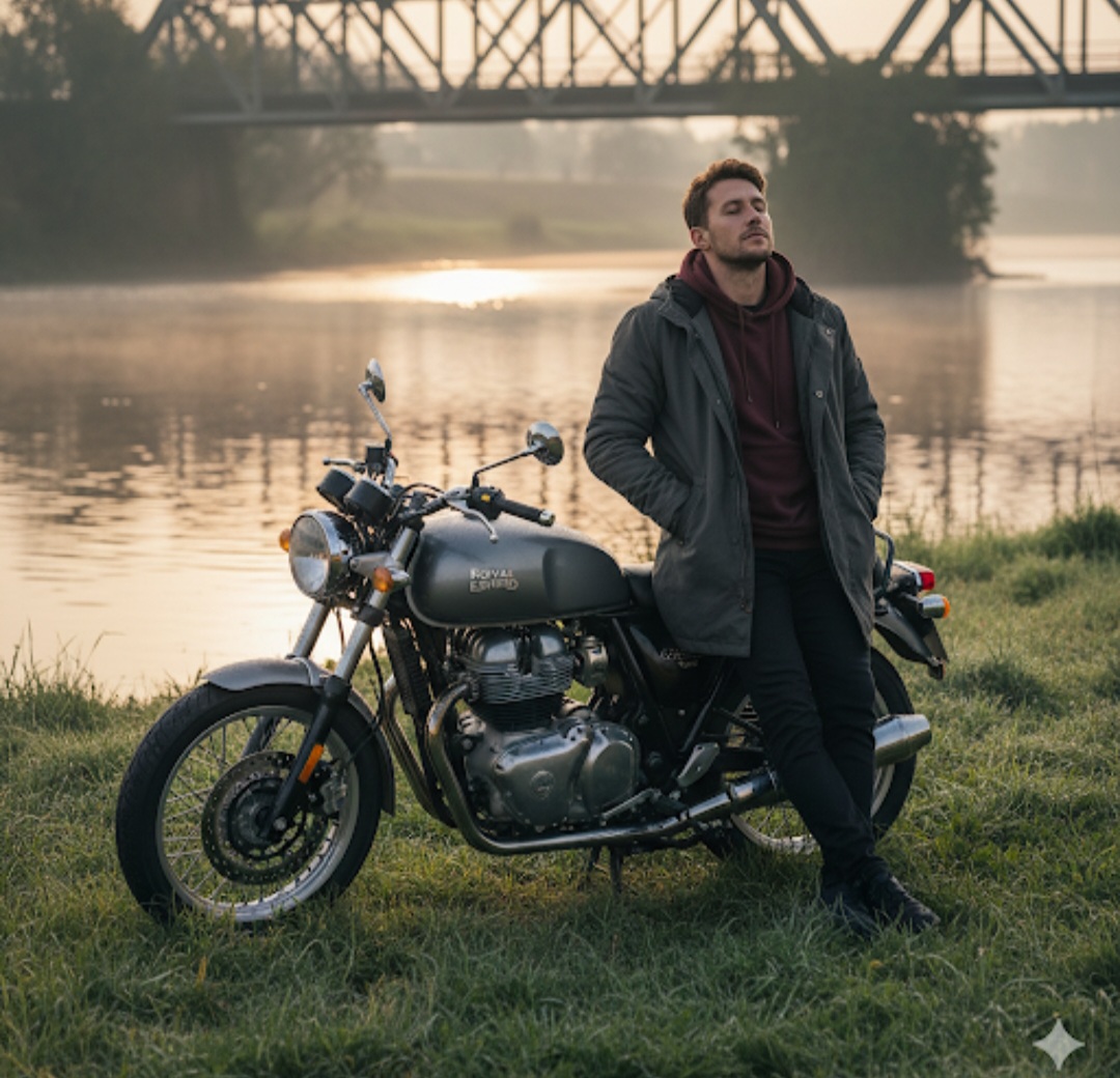 Ilustrasi prompt Gemini AI paling keren untuk edit foto pria dan motor dengan nuansa sinematik, cocok untuk bikin feed Instagram makin estetik.