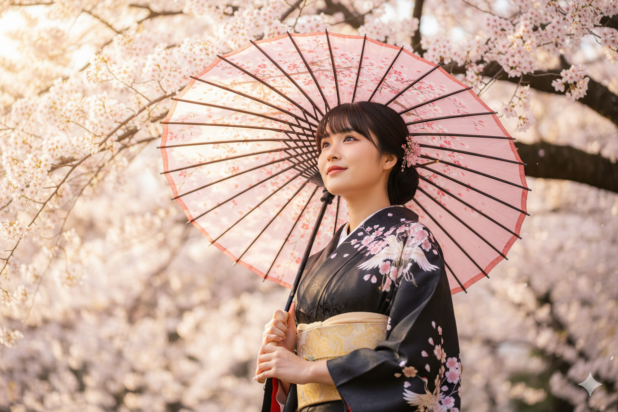 Ilustrasi Foto Kimono Sakura Jepang dengan Gemini AI