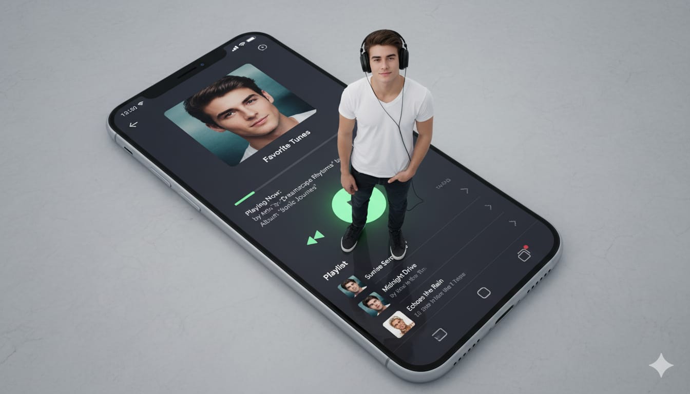 Ilustrasi Hasil Ubah foto jadi seolah berdiri di atas layar smartphone dengan playlist lagu favorit, pakai Gemini AI