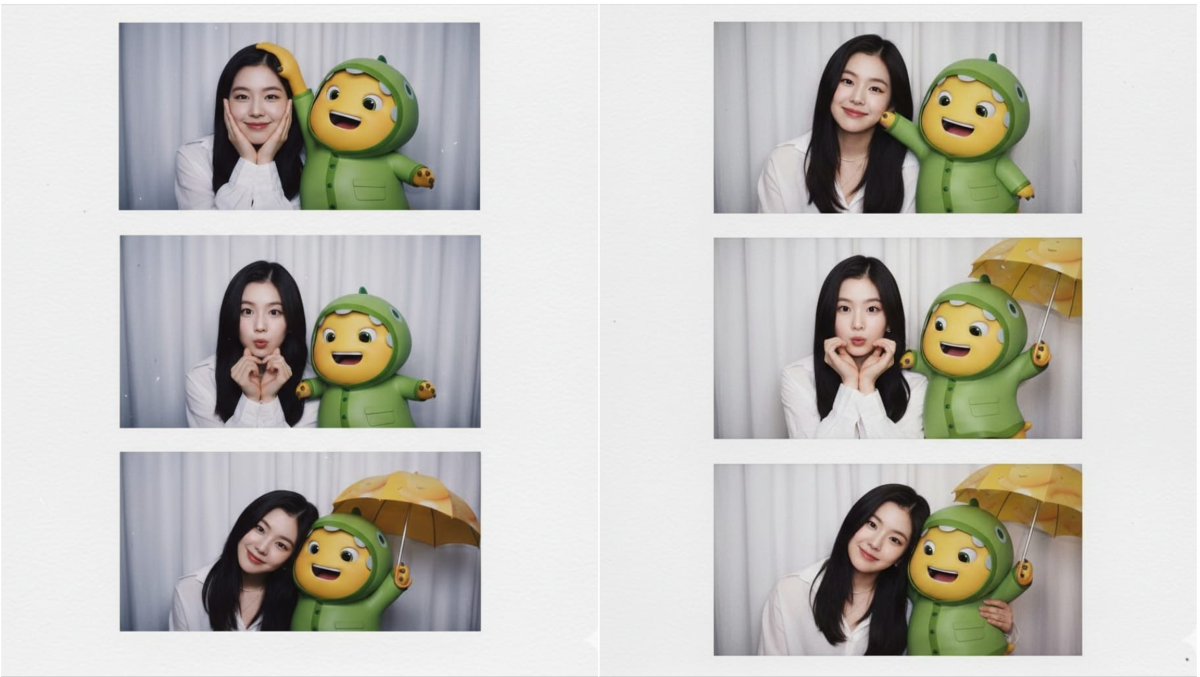 Foto imut Polaroid 3 grid bersama dino kuning