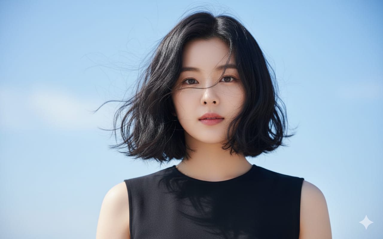 Potret wanita rambut hitam pendek tergerai dengan latar langit biru cerah