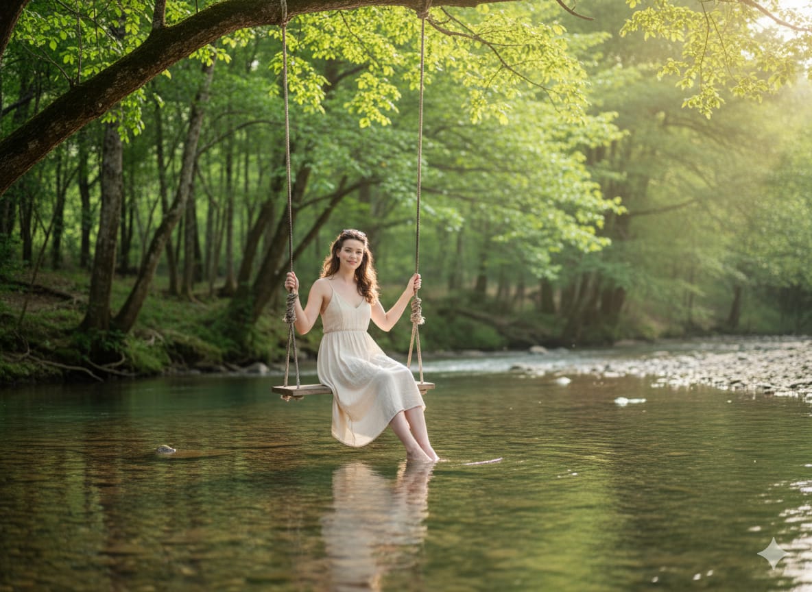 Ilustrasi Hasil Foto Duduk Anggun Seolah Liburan Seru di Ayunan Di Tepi Sungai Jernih dengan Gemini AI.