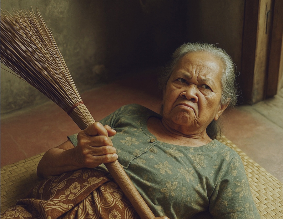 Nenek yang sedang kesal rumah banyak lalat karena dekat kandang ayam.