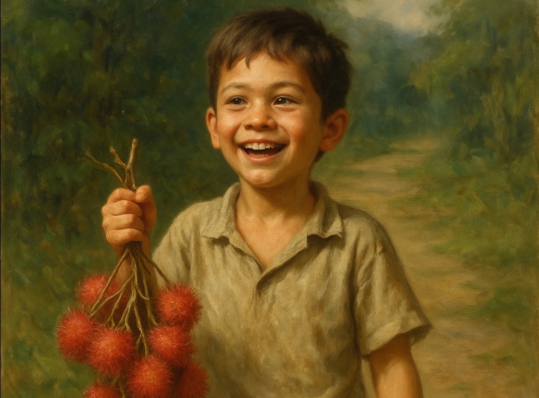 Lukisan seorang anak yang senang mendapat seikat rambutan seperti tokoh Sakat dalam cerpen ini.