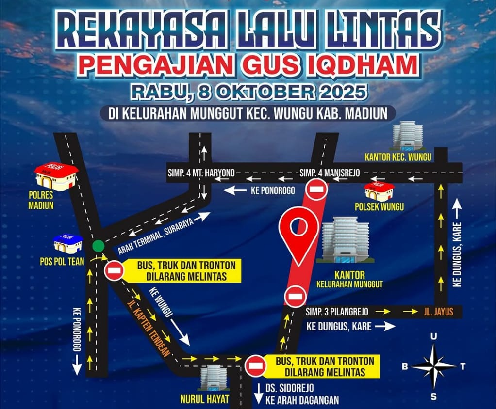 Rencana penutupan jalur Manisrejo&ndash;Pilangrejo saat pengajian akbar Gus Iqdam di Munggut, Wungu, hari ini.