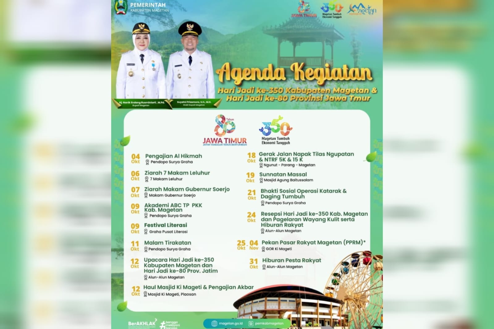 Pemkab Magetan siapkan berbagai kegiatan religius dan hiburan rakyat untuk memeriahkan Hari Jadi ke-350 Kabupaten Magetan.