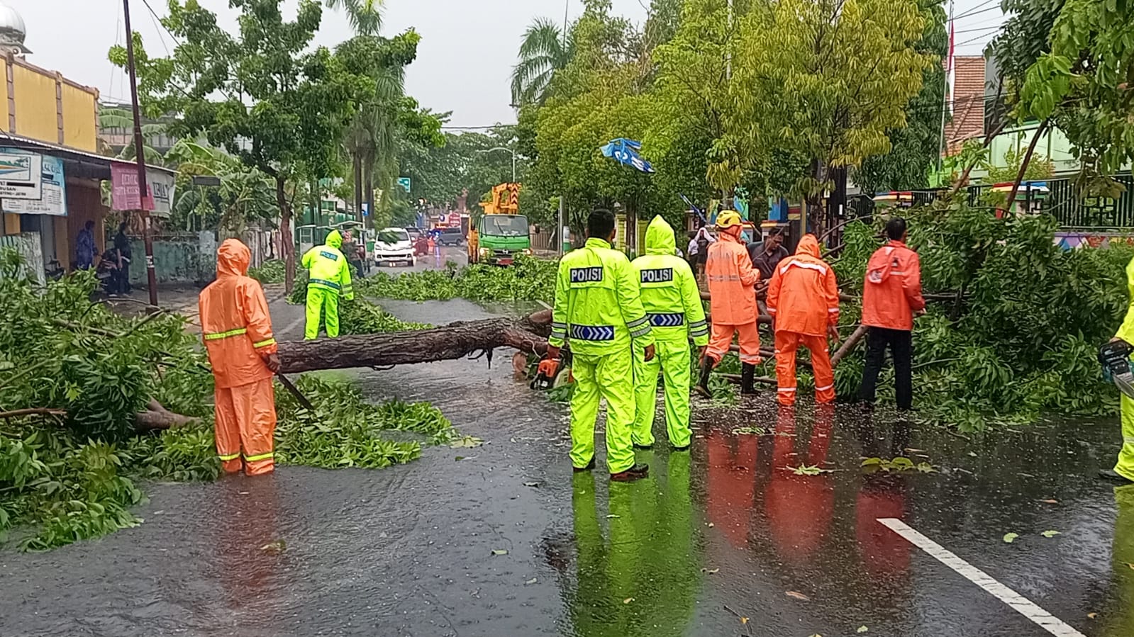 Petugas BPBD mengevakuasi pohon tumbang di Jalan Sumatra, kemarin (20/10) sore. Air juga menggenangi pemukiman di Gang Puntuk, RT 02. FOTO: ISTIMEWA