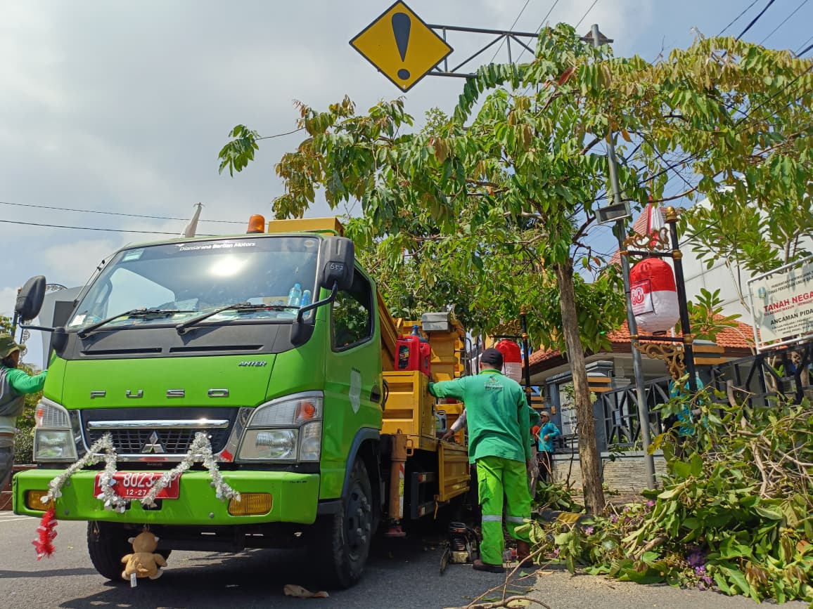 Petugas Disperkim Kota Madiun memangkas pohon di kawasan padat lalu lintas untuk mencegah tumbang saat hujan dan angin kencang. Foto: Hengky R/Jawa Pos Radar Madiun
