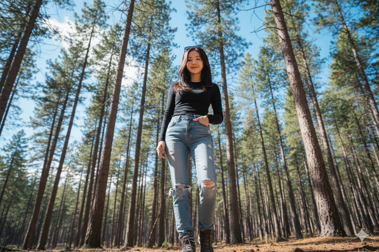 Foto Vertikal Bergaya Cinematic di Hutan Pinus