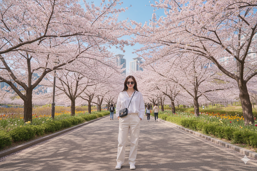 Hasil Edit Foto Gaya Korea di Taman Sakura Musim Semi
