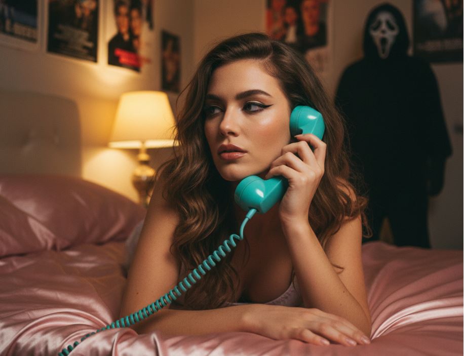 Hasil prompting potret retro bergaya Scream yang sensual, misterius, dan sinematik.