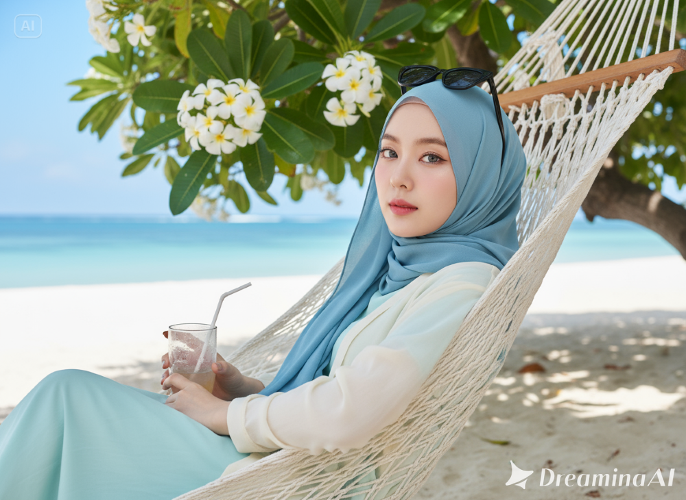Hasil edit foto santai di pantai tropis