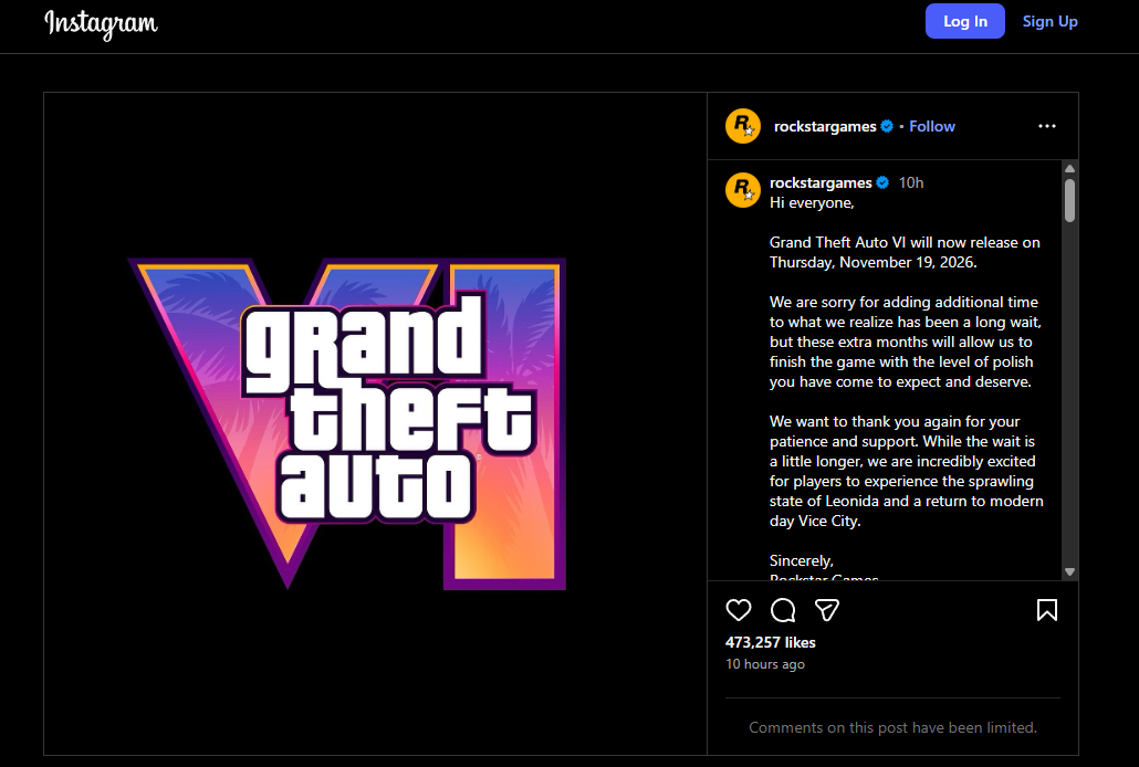 Tangkapan layar Instagram @rockstargames saat umumkan penundaan rilis GTA VI