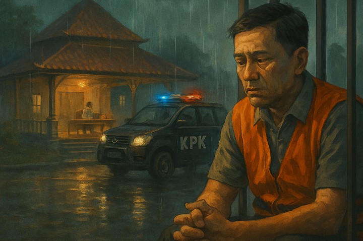 Ilustrasi cerpen malam terakhir di pendapa. Cerita terilhami OTT KPK Bupati Ponorogo Sugiri Sancoko.