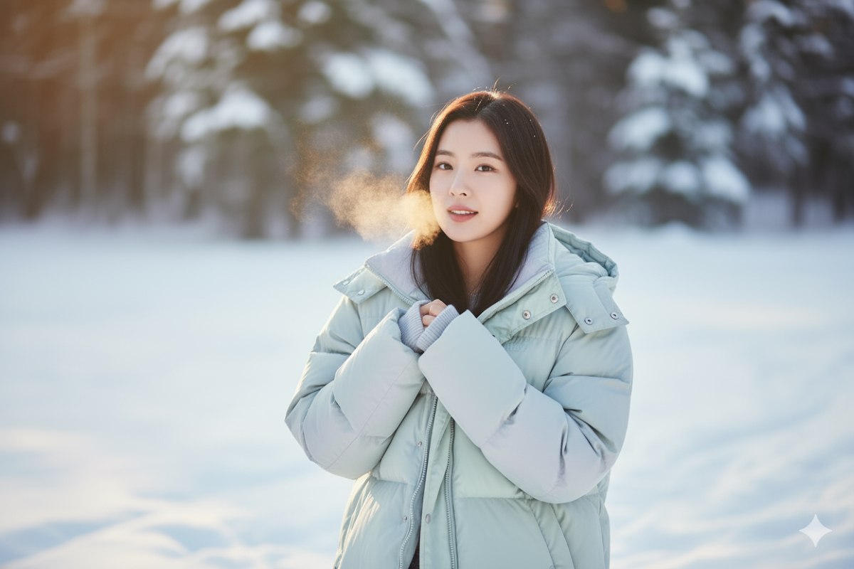 Hasil edit foto berada di tengah salju lembut dengan jaket puffy