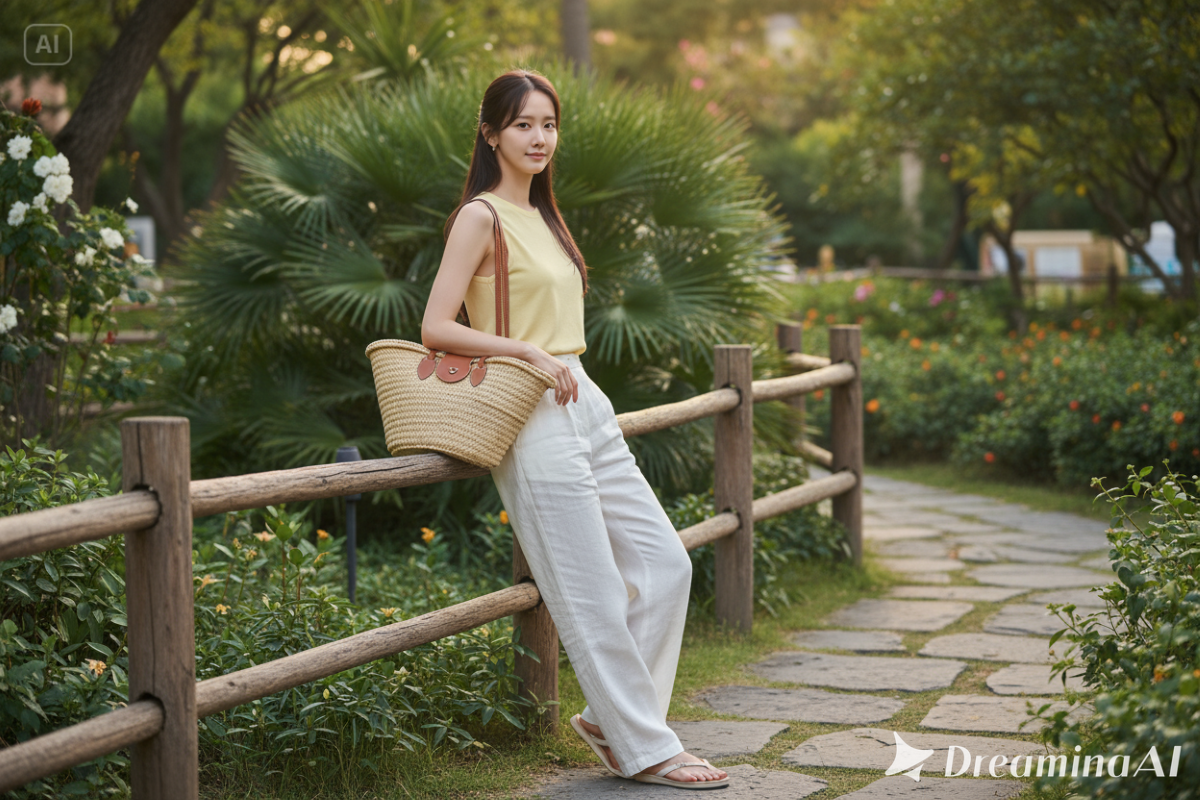 Hasil edit foto kasual elegan di taman tropis