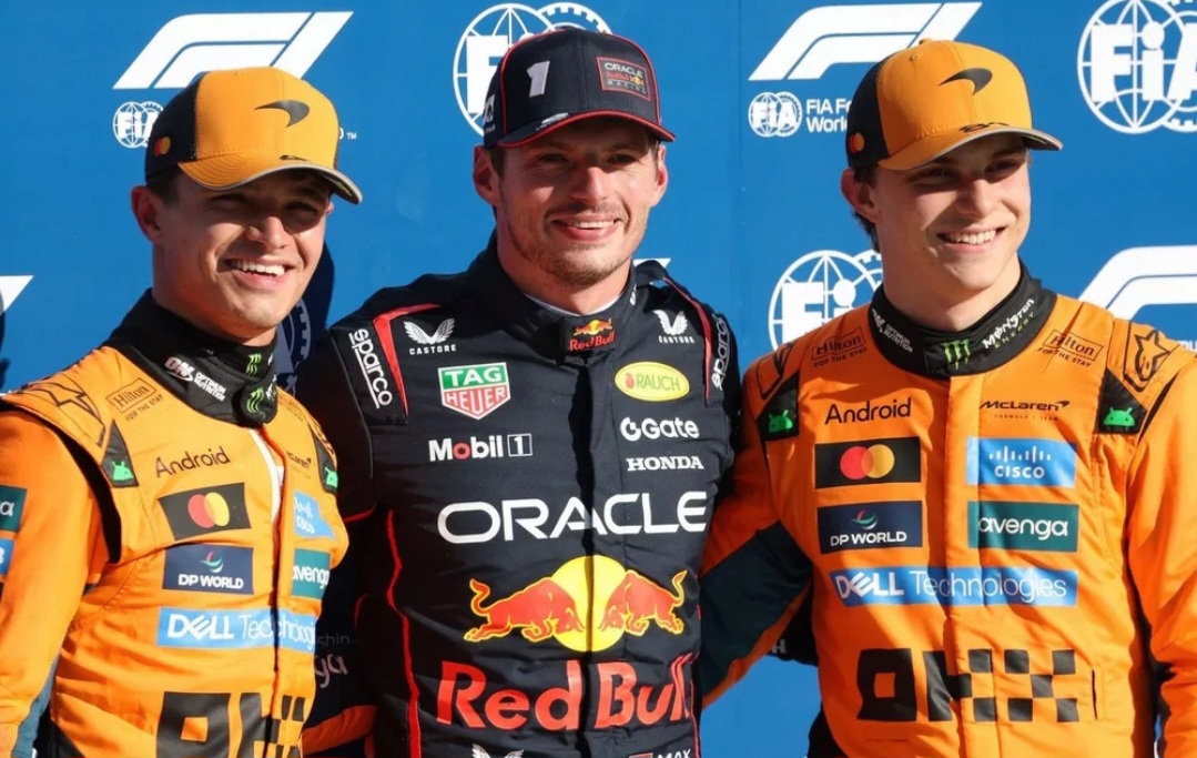 Dari kiri Lando Norris, Max Verstappen, Oscar Piastri.