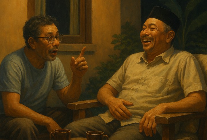 Ilustrasi cerpen Bergunjing. Cerita terinspirasi OTT Bupati Ponorogo Sugiri Sancoko.