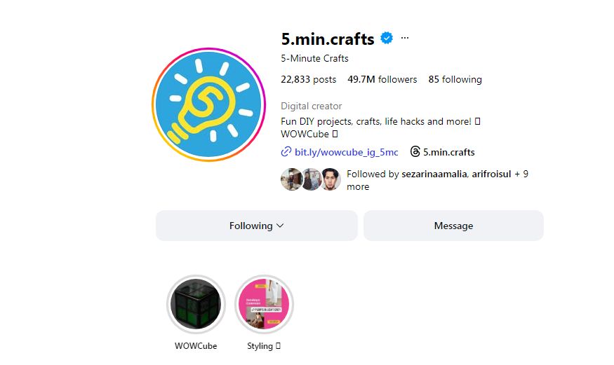 5 min crafts salah satu akun DIY inspiratif.