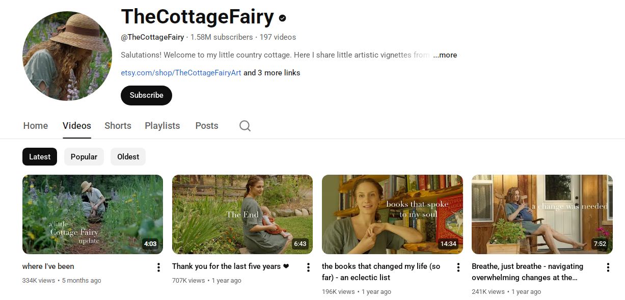 The Cottage Fairy salah satu akun YouTube slow living.
