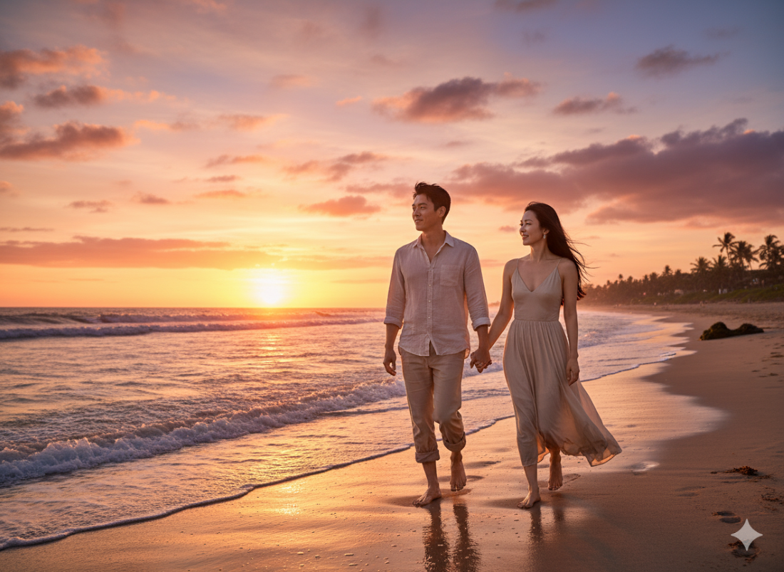 Hasil edit foto romantis di pantai saat sunset