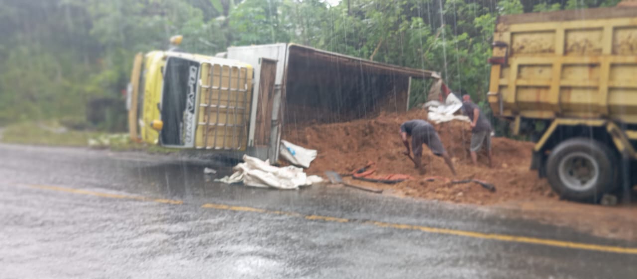 Truk pengangkut serbuk kayu terguling setelah gagal menanjak di JLS Pacitan&ndash;Trenggalek, Kamis pagi (13/11). NUR CAHYONO/RADAR PACITAN