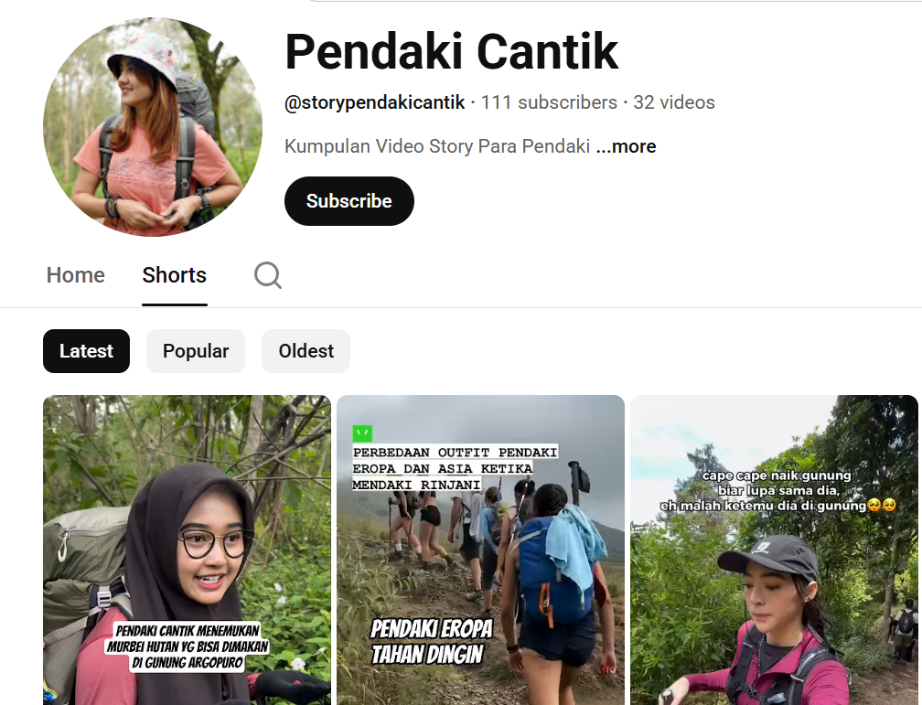 Akun YouTube Pendaki Cantik tentang pendakian gunung.