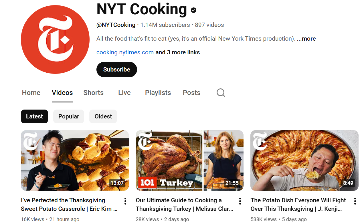 Akun YouTube New York Times Cooking tentang masakan.