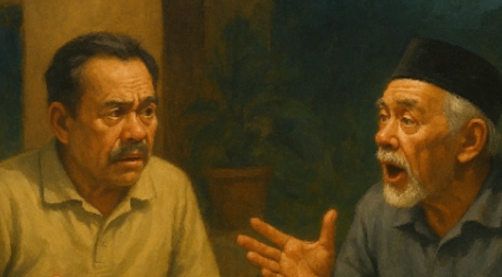 Ilustrasi cerpen Bergunjing saat Sakat dan Sarban berbincang soal Bupati Ponorogo Sugiri Sancoko yang kena OTT KPK.