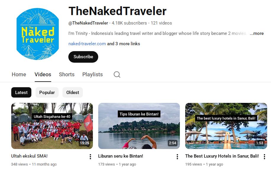 The Naked Traveler salah satu akun YouTube traveling.